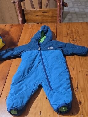 The North Face Blue Hooded  One-Piece Snowsuit with Green Lining Sz 3/6 Months